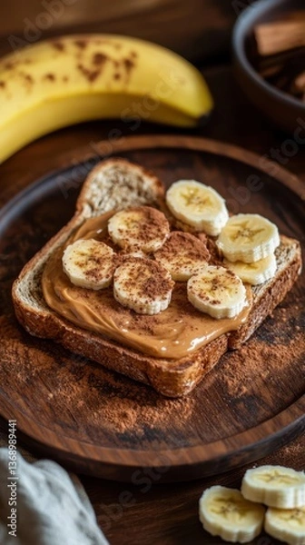 Obraz Sliced banana on peanut butter toast with cocoa powder on wooden plate