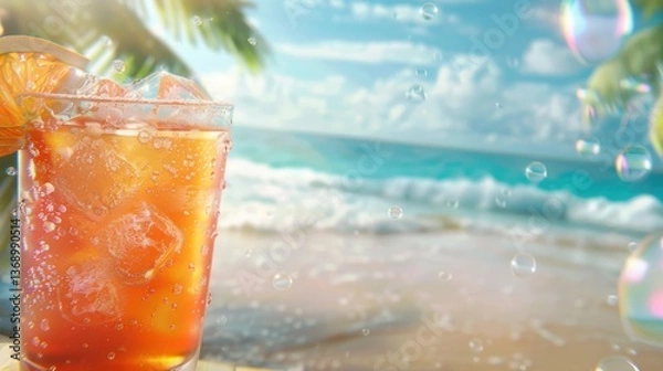 Fototapeta Refreshing Tropical Beverage with Ocean Waves and Bubbles in the Background