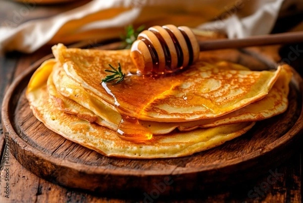 Fototapeta A warm stack of golden pancakes is elegantly drizzled with honey, resting on a rustic wooden plate, showcasing a delightful breakfast option perfect for any morning