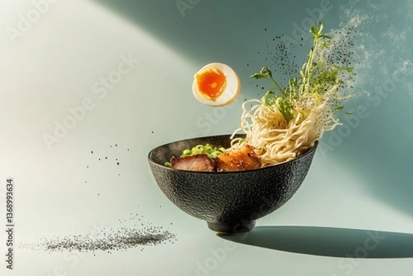 Obraz Artistic ramen bowl with noodles, egg, and pork in mid-air