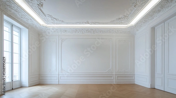 Obraz Aesthetic scene in neoclassical style with moldings and decorative accents. Classical room interior design with empty light wall background for art or moodboard mockup. Bare room without furniture. AI