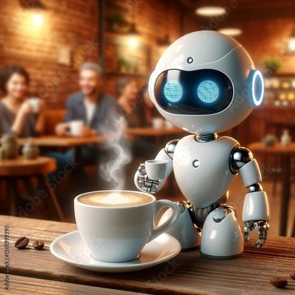 Fototapeta Mini ai robot drinking coffee 
