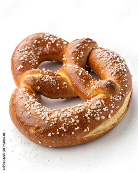 Fototapeta "A traditional pretzel with a deep golden brown color and a dusting of coarse salt, isolated on a white background."

