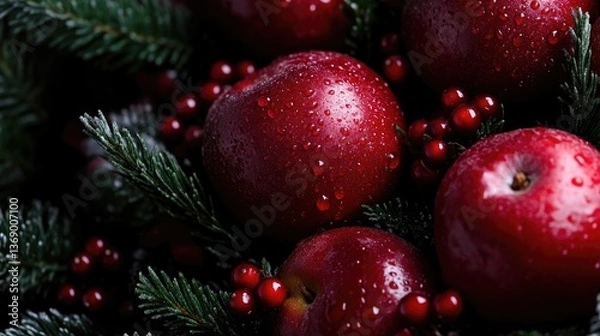 Fototapeta Red apples and cranberries, festive