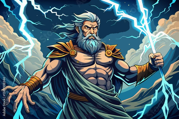Fototapeta vector of Illustration of zeus, god of sky and thunder. zeus the king of the greek gods ready to scream lightning bolts down upon the earth and mankind. generative ai. Greek Mythology. ...
