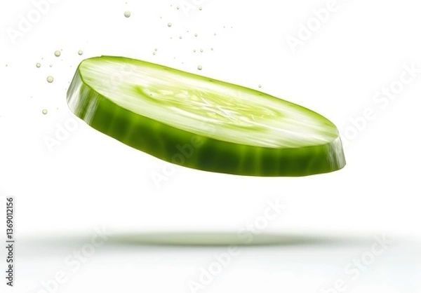 Fototapeta falling cucumber slice on white background