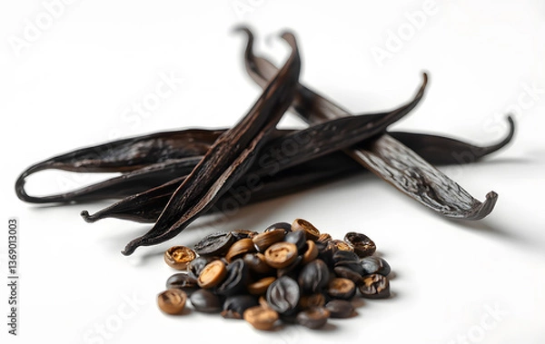 Fototapeta Vanilla beans and seeds on a white background. Suitable for food blogs, spice packaging, recipe cards, culinary magazines, and botanical illustrations.