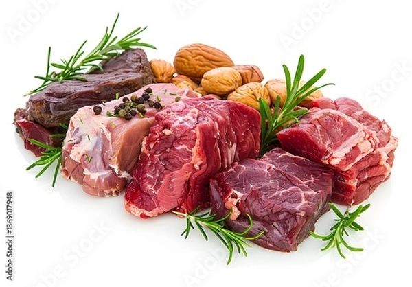 Fototapeta different raw meat in white background
