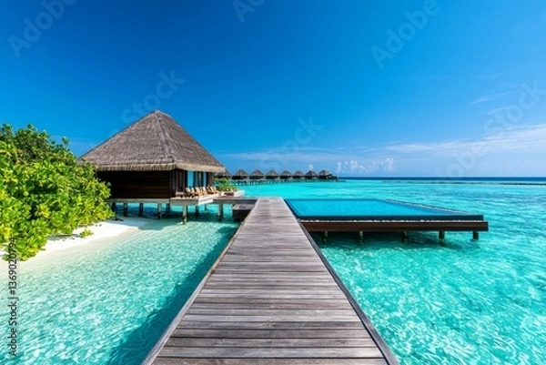 Fototapeta A wooden bridge leads to a beach house with a pool