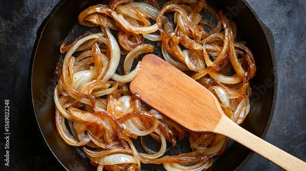 Obraz Golden caramelized onions are sautéed in a cast iron skillet, stirred with a wooden spatula.