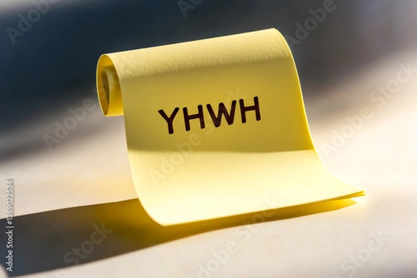 Obraz A yellow scroll with the sacred name "YHWH" is illuminated by gentle sunlight on a smooth surface.
