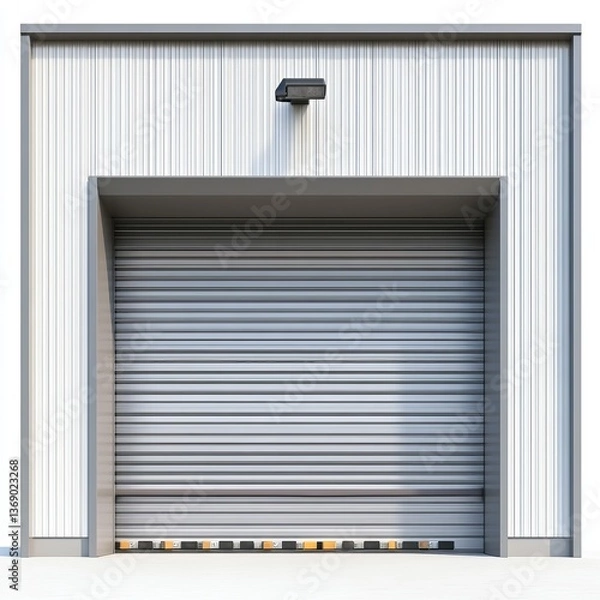 Fototapeta Partially open industrial rolling steel door of a warehouse with corrugated metal panels on a White background clipart isolate