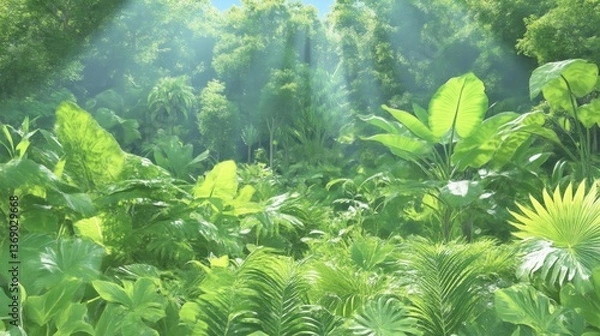 Fototapeta Lush green jungle foliage, vibrant sunlight filtering through canopy