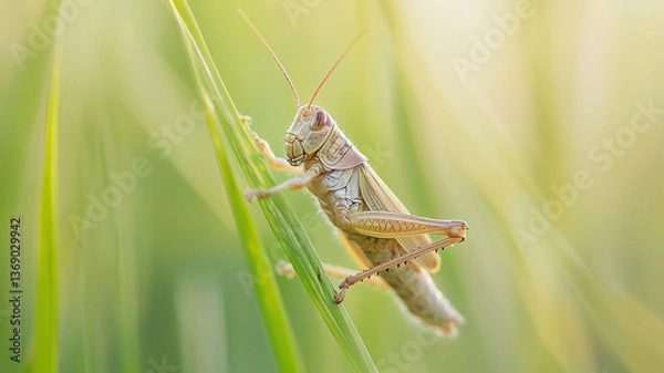 Fototapeta small grasshopper perched on green blade of grass, showcasing its delicate features and vibrant colors in serene natural setting