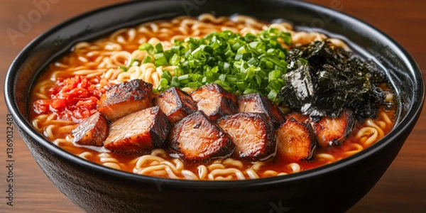 Fototapeta Delicious bowl of ramen featuring tender pork, green onions, and seaweed served in a black bowl