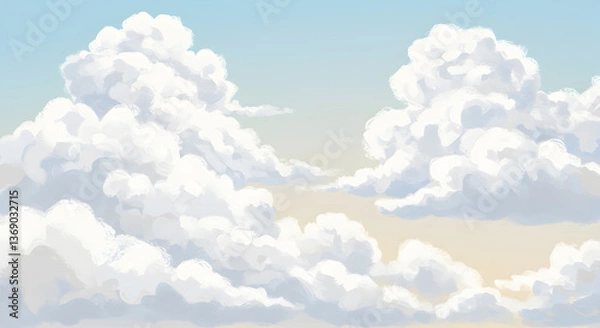 Fototapeta Hand-Painted Sky Illustration with Fluffy White Clouds and Soft Pastel Hues