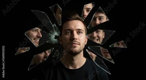 Obraz Shattered Reflections: A Man's Internal Struggle Visualized Through a Broken Mirror