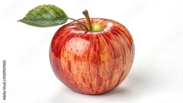 Fototapeta A single ripe red apple with a green leaf on a white background a delicious and healthy fruit