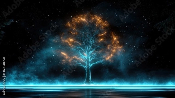 Fototapeta Glowing Celestial Tree: A Mystical Night Scene