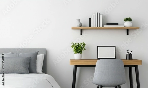 Fototapeta A modern bedroom showcases a minimalist workspace with a laptop beside a comfortable bed, bathed in soft light.