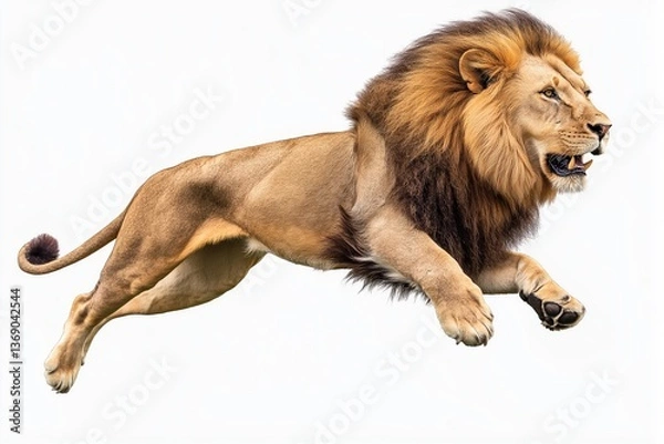 Fototapeta A majestic lion captured mid-leap, its muscles and mane highlighted against a white background