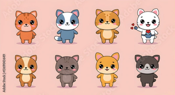 Fototapeta Collection of delightful kawaii animal characters ideal for children's applications