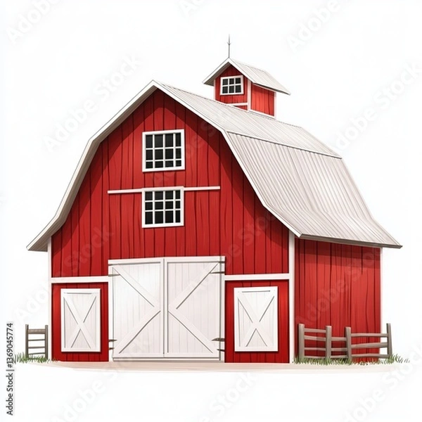 Fototapeta Traditional red barn architecture with white details on White background clipart