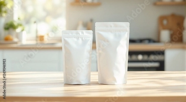Fototapeta Two empty white kraft bags are placed on a table, with soft light enhancing their natural texture. Perfect for branding mockup or marketing