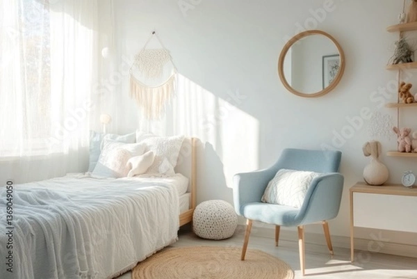 Fototapeta A bright and airy bedroom with natural light shining through
