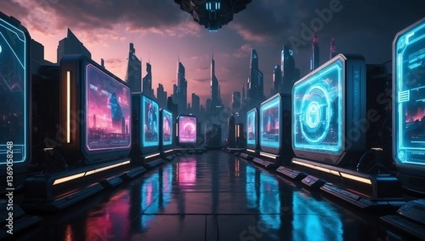 Obraz High-tech digital dashboard with cyberpunk neon background