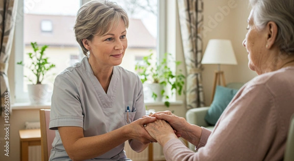 Fototapeta A compassionate caregiver gently holding an elderly woman's hands, offering comfort and connection in a warm, softly lit home setting.
