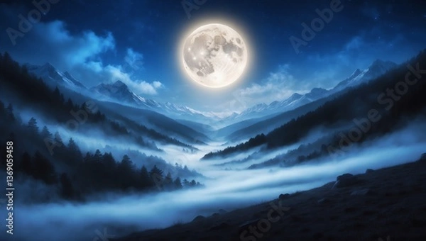 Obraz Misty mountain landscape under full moonlight