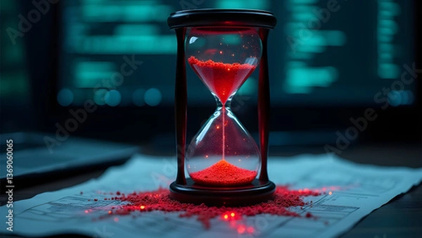 Fototapeta A hacking hourglass measures time until data compromise, its flowing packets turning to ransom demands.