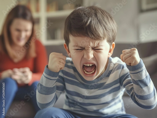 Fototapeta Close-up shot of a young boy experiencing a tantrum, his face contorted in anger, mouth open in a scream, and fists clenched.  The image features a shallow depth of field, with the boy in sharp focus