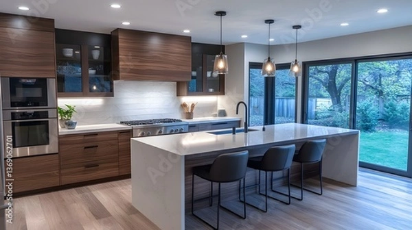 Fototapeta Minimalist L-shaped kitchen with a quartz island, recessed lighting, and dark walnut finishes.