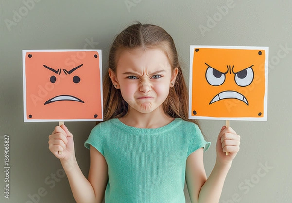 Fototapeta A close-up eye-level shot of a young girl with shoulder-length brown hair, wearing a teal short-sleeved shirt, holding two square cards. Each card displays a cartoonish illustration of an angry face;