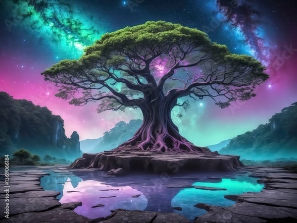 Obraz Cosmic tree of life with reflections in a surreal dreamscape. 