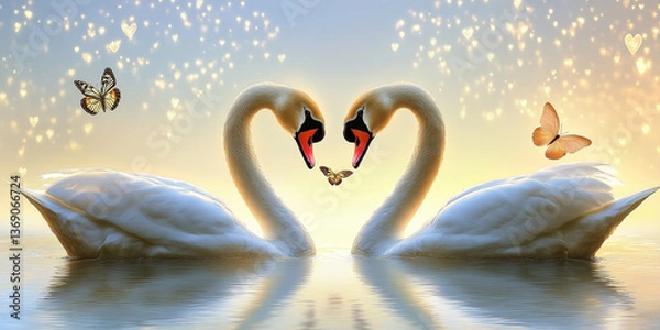 Fototapeta The image showcases two white swans gracefully curving their necks to create a heart shape against a soft, pastel sunset backdrop. The water reflects the swans and the sky, creating a mirrored