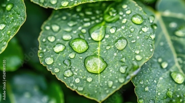 Obraz Close-up View of Fresh Green Leaves Covered in Water Drops after Rain, Highlighting Nature’s Beauty and Vibrant Texture, Perfect for Eco-Friendly Themes and Natural Designs