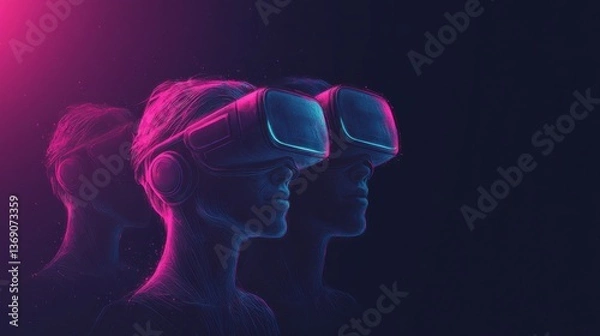 Fototapeta Abstract Representation of People Wearing Virtual Reality Headsets, Engaged in an Immersive Digital Experience with Neon Lighting and Artistic Elements
