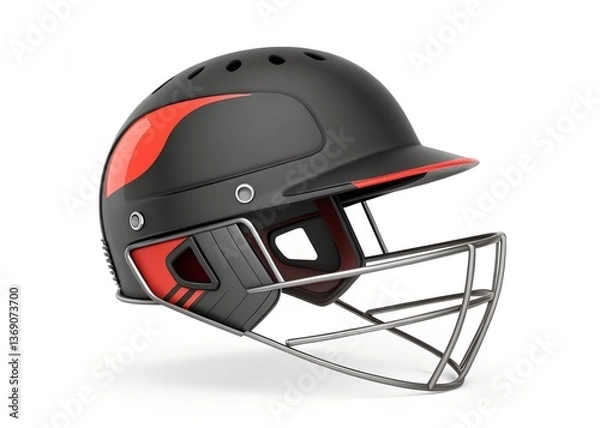 Fototapeta Cricket Helmet: A close-up of a modern cricket helmet. Sleek design in black with red accents, complete with a faceguard, hinting at safety and athleticism.