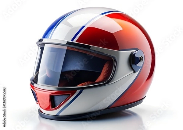 Fototapeta A Racing Helmet's Detailed: An eye-level shot of a racing helmet, showing its intricate design with vibrant red, white, and blue color scheme, emphasizing safety and speed.