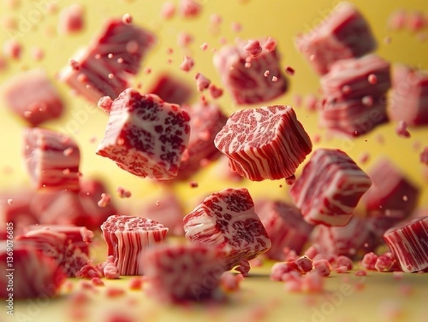 Fototapeta Exploding Meat Slices on a Vibrant Background