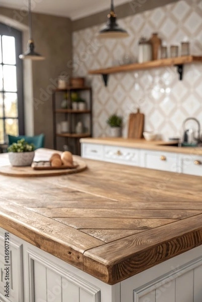 Fototapeta Wood table top on blur kitchen counter room background, for montage product display or design key visual layout, template