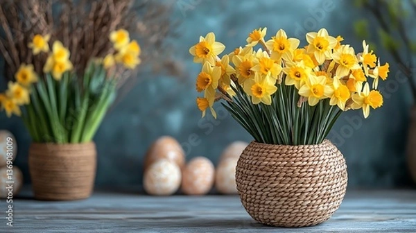 Fototapeta Yellow Daffodils in Basket Vase with Decorative Eggs on Table