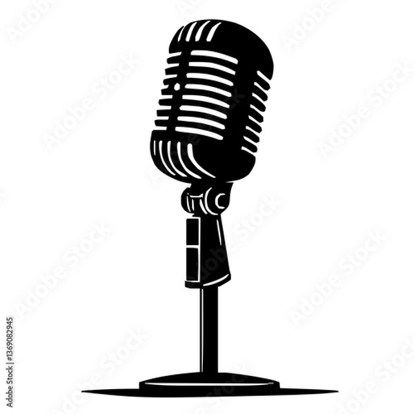 Obraz An illustration featuring a black microphone silhouette set against a clean white background showing a vintage microphone with detailed grill and stand, symbolizing communication and music.