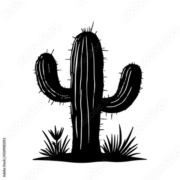 Obraz An illustration featuring a black cactus silhouette set against a clean white background depicting a detailed cactus with arms and spines, symbolizing resilience and the desert.