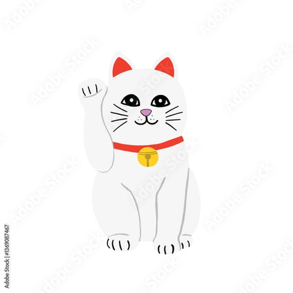 Obraz The illustration of a lucky cat or Maneki-neko, raising paw and sitting with a smile