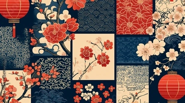 Fototapeta Elegant Asian-Inspired Floral Patchwork Design
