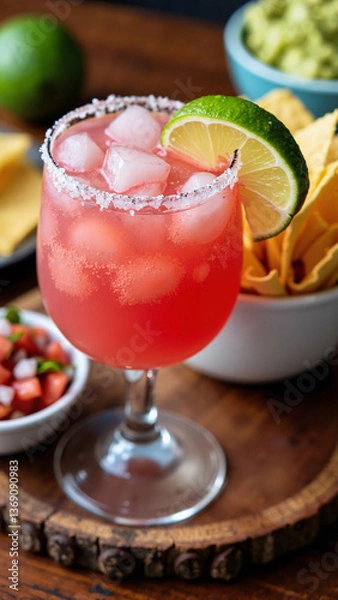 Fototapeta A Colorful Pink Prickly Pear Margarita with Tortilla Chips and Salsa for Marketing, Social Media, and Restaurant Menus